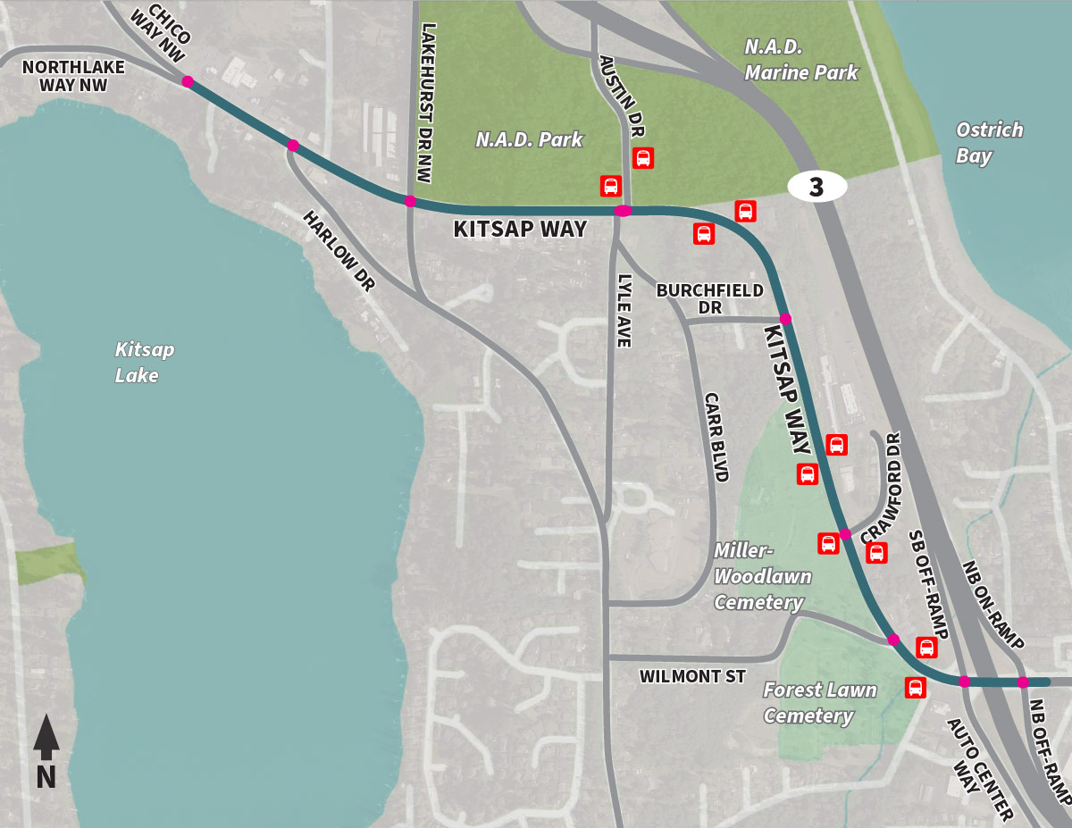 Map with a legend showing Kitsap Way in green to highlight the study area and circles in pink to highlight the nine intersections of the study area. Map with a legend showing Kitsap Way in green to highlight the study area and circles in pink to highlight the nine intersections of the study area.